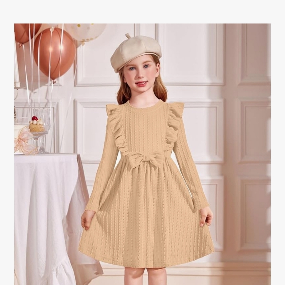 Girls Beige Ruffle Cable-Knit Dress with Bow